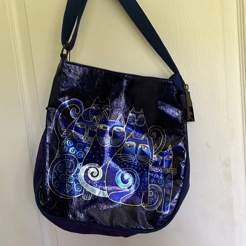Lauren Burch cat purse authentic new with tags adjustable strap. Blue foil cat